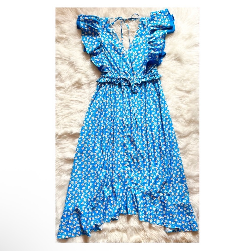New! SENLIS Amalie Blue Floral Ruffle Midi Dress with Open Back - Picture 10 of 13